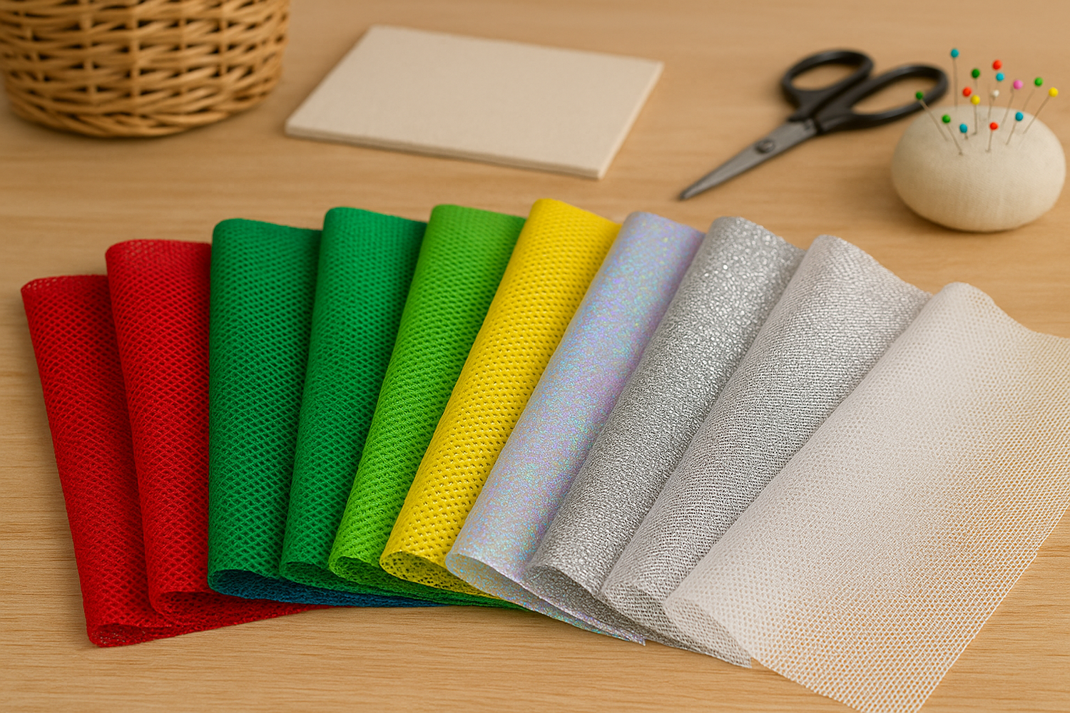 Surtido de telas de rejilla en diferentes colores y acabados sobre mesa de costura