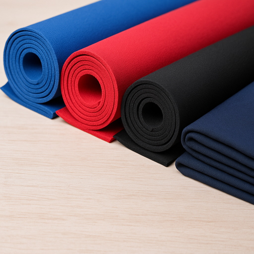 Muestra de tela de neopreno elástica en varios colores, ideal para confección de vestidos de baile y ropa de espectáculo.