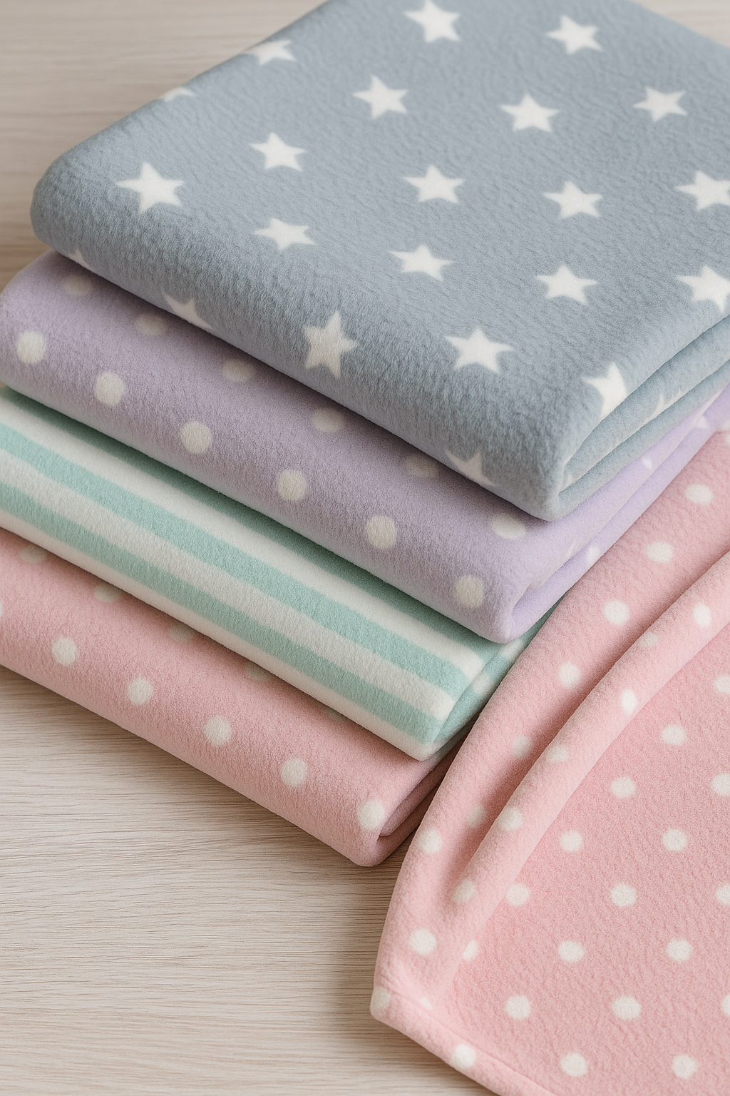 Telas polar y coralina estampadas dobladas con motivos infantiles y colores vivos