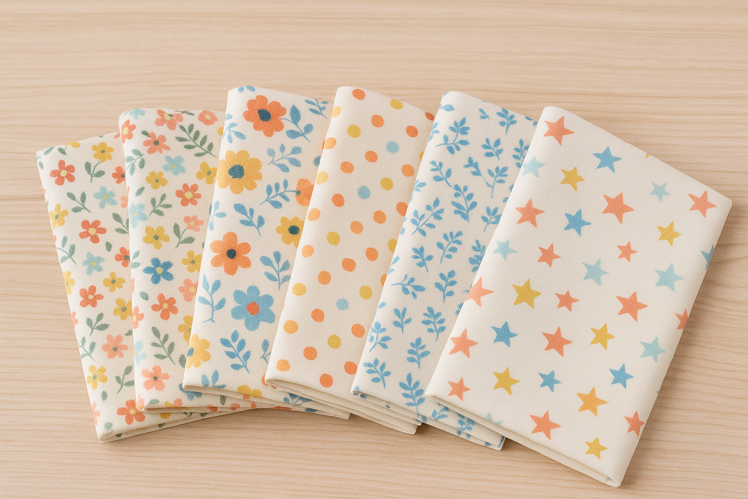 Telas de algodón estampadas en diseños florales y temáticos, ideales para patchwork y costura creativa