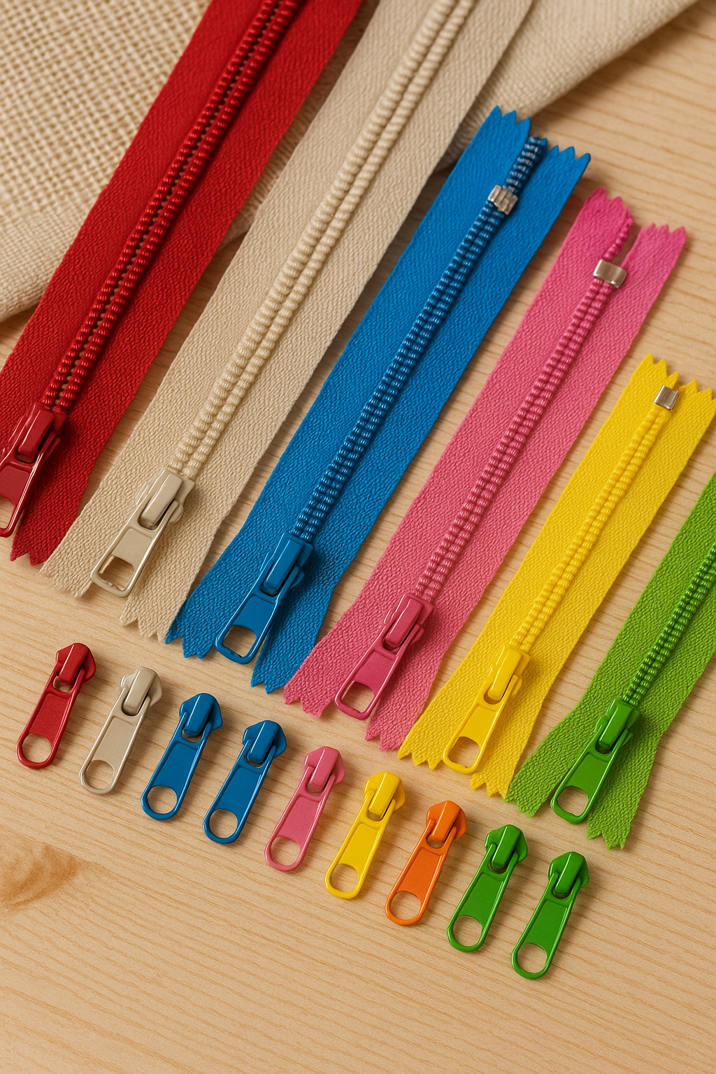 Cremalleras de varios colores con sus carros a juego, en diferentes tamaños