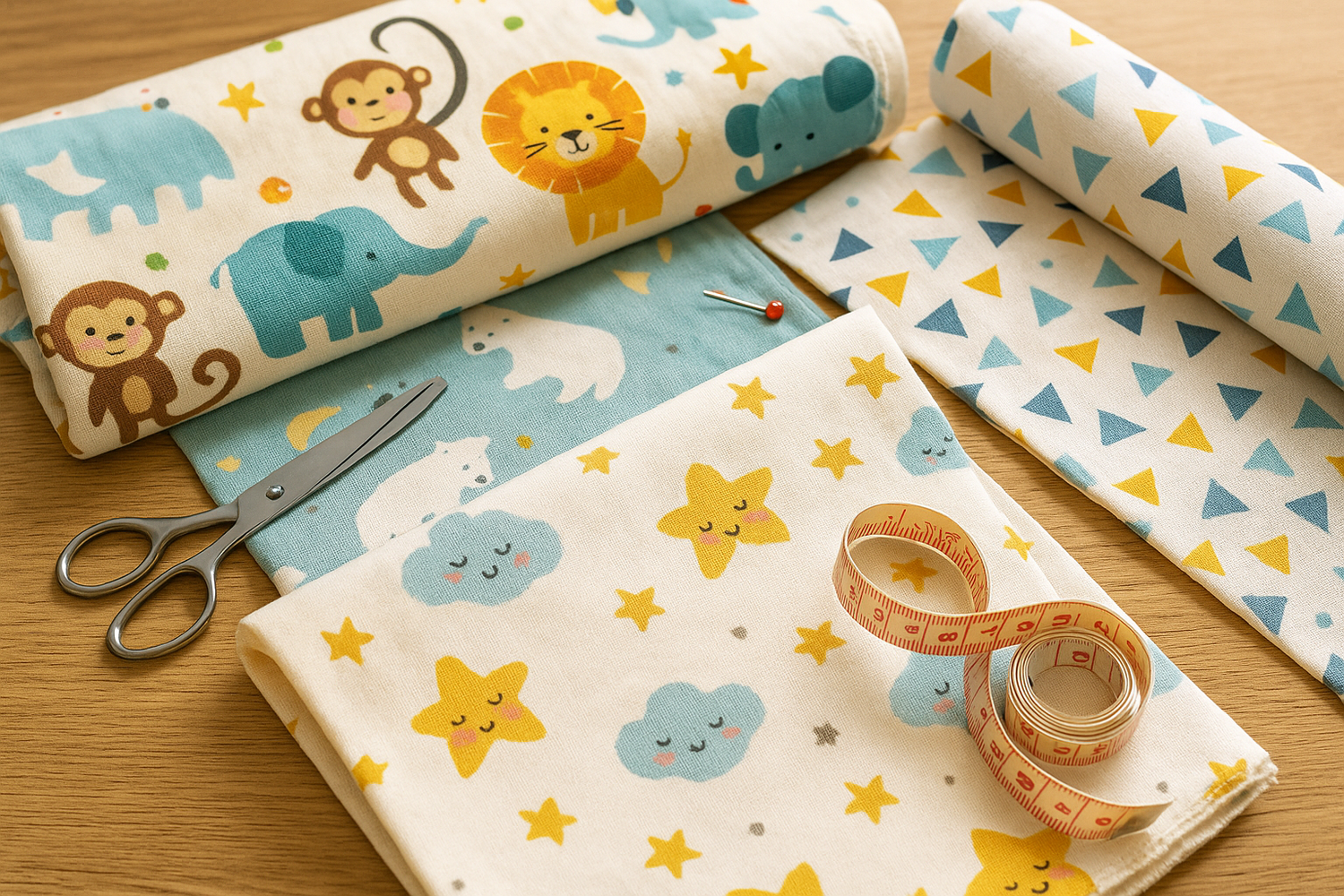 Telas con estampados infantiles coloridos sobre mesa de costura, dibujos, estrellas, topos, y muchos más