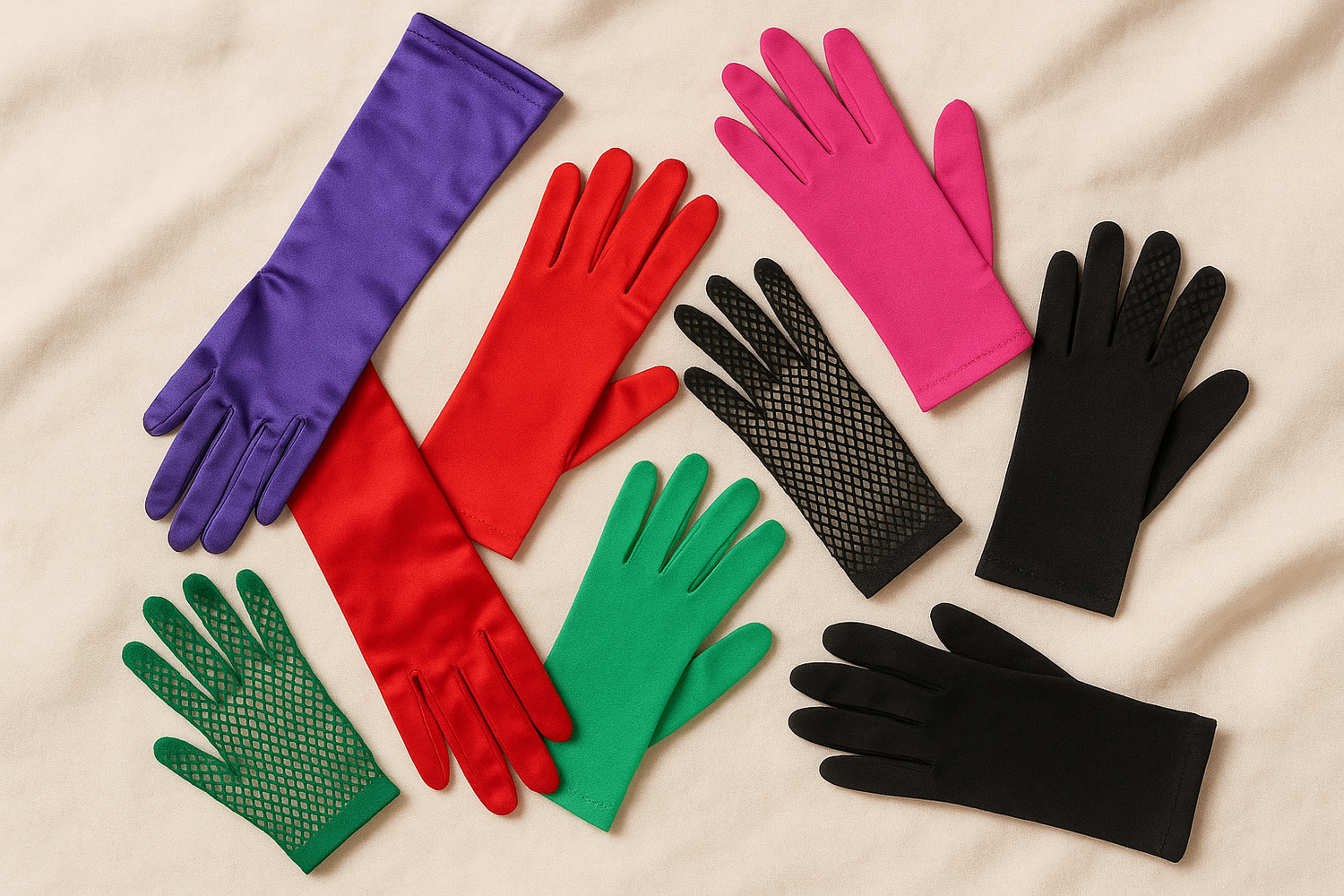 Guantes de colores y estilos variados, ideales para disfraces y proyectos creativos