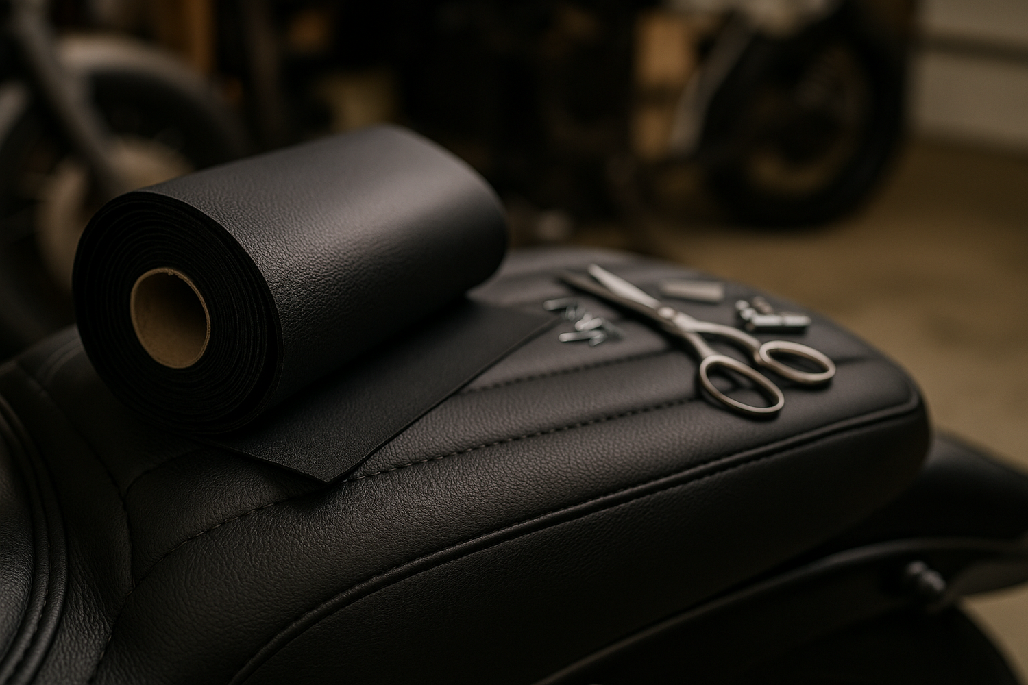 Tela para asiento de moto resistente al agua y antideslizante sobre una mesa de tapicería