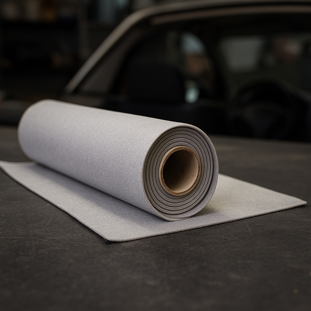 Rollo de tela para techo de coche en color sobre una mesa de trabajo