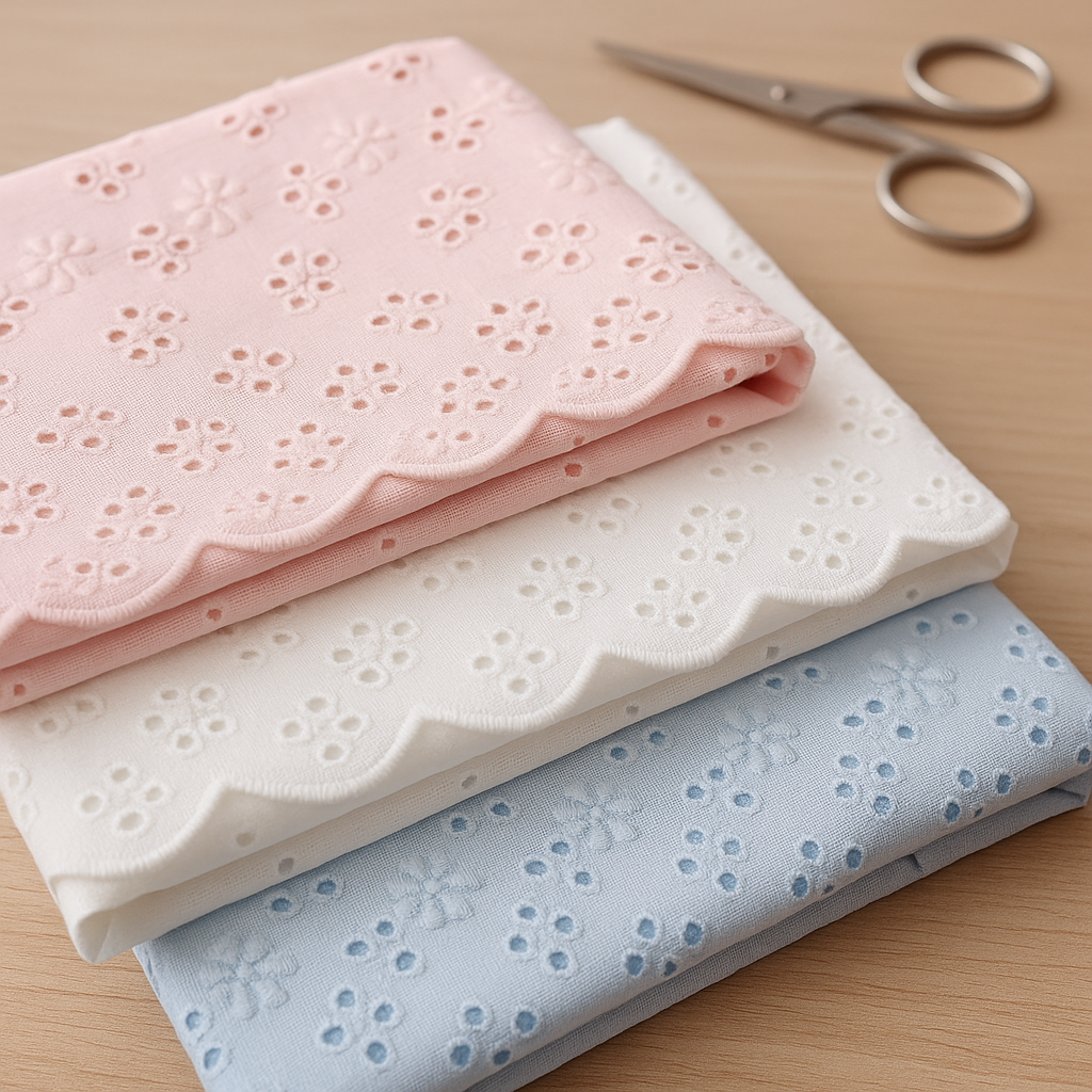 Tela de bordado suizo blanca con detalles florales, ideal para vestidos, blusas y ropa infantil