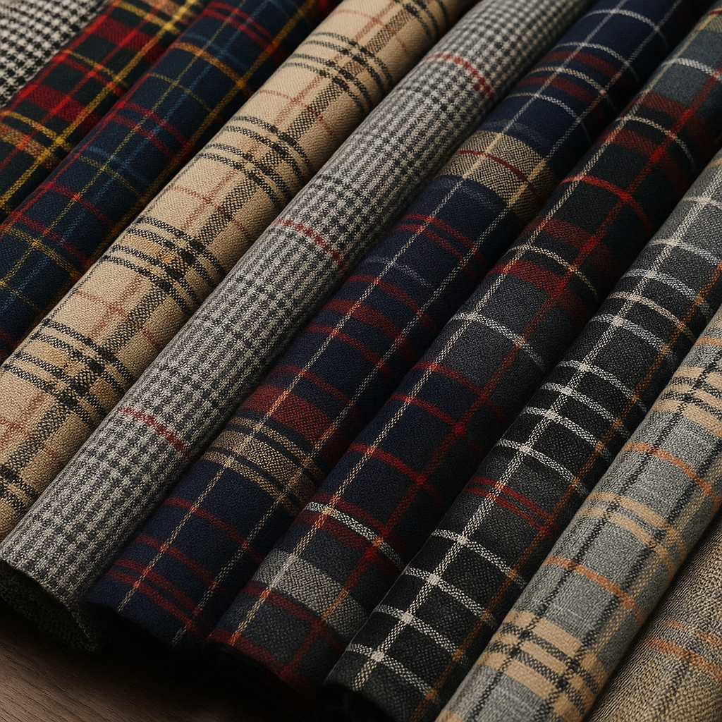 Telas con cuadros escoceses, pata de gallo y príncipe de Gales en distintos colores para confección de moda clásica