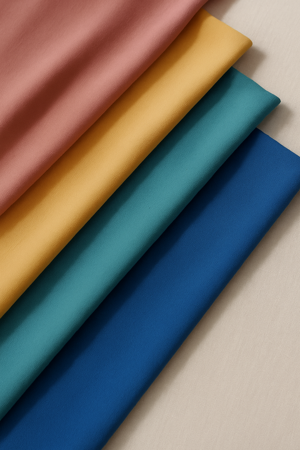 Telas de crepé en colores lisos, con caída suave y textura ligera, ideales para confección de prendas elegantes