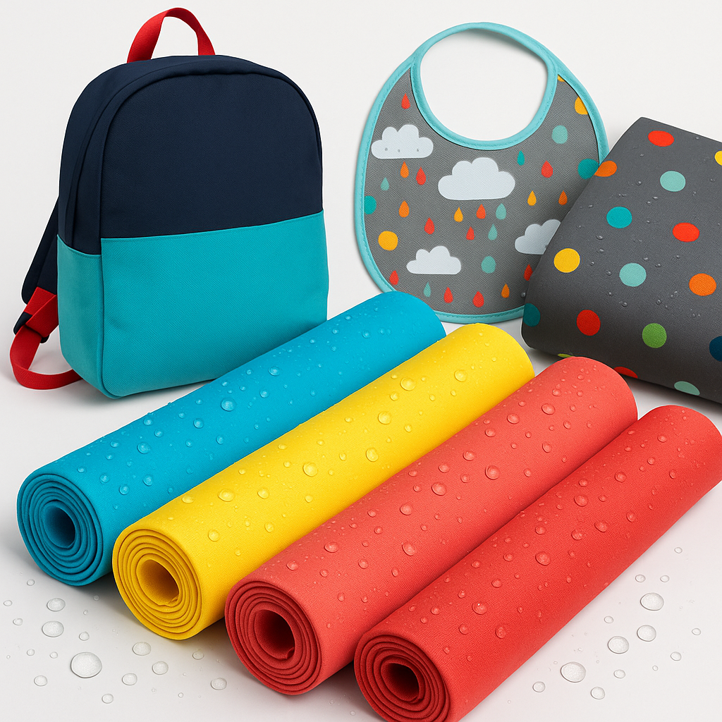 Telas impermeables lisas y estampadas en colores variados, ideales para confección de chubasqueros, mochilas y fundas protectoras