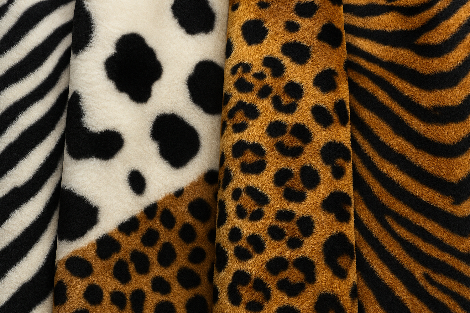 Tela de pelo estampado animal con diseños de cebra, vaca, leopardo y tigre, ideal para disfraces con textura