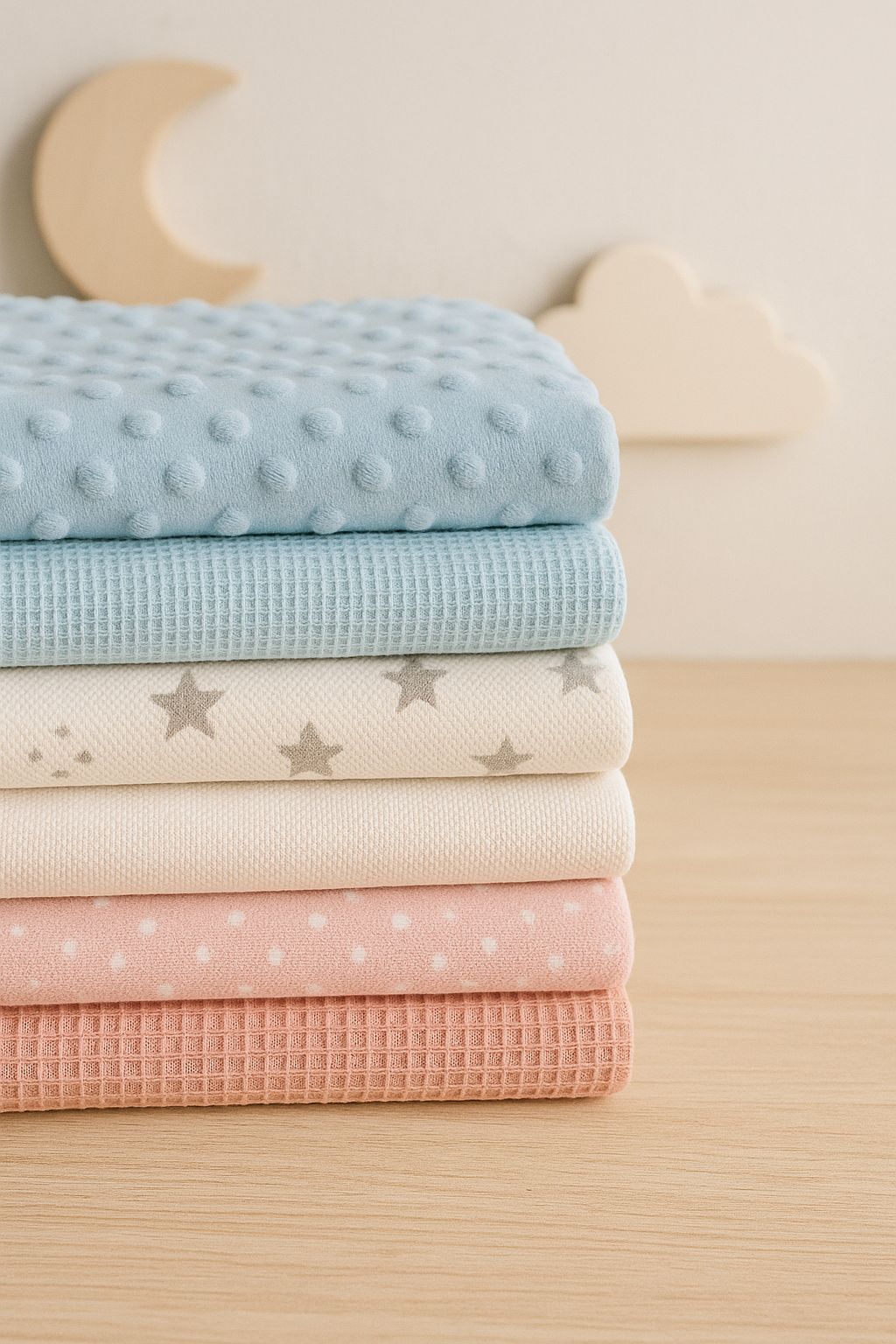 Telas suaves y delicadas para bebé en tonos pastel con estampados de estrellas y lunares