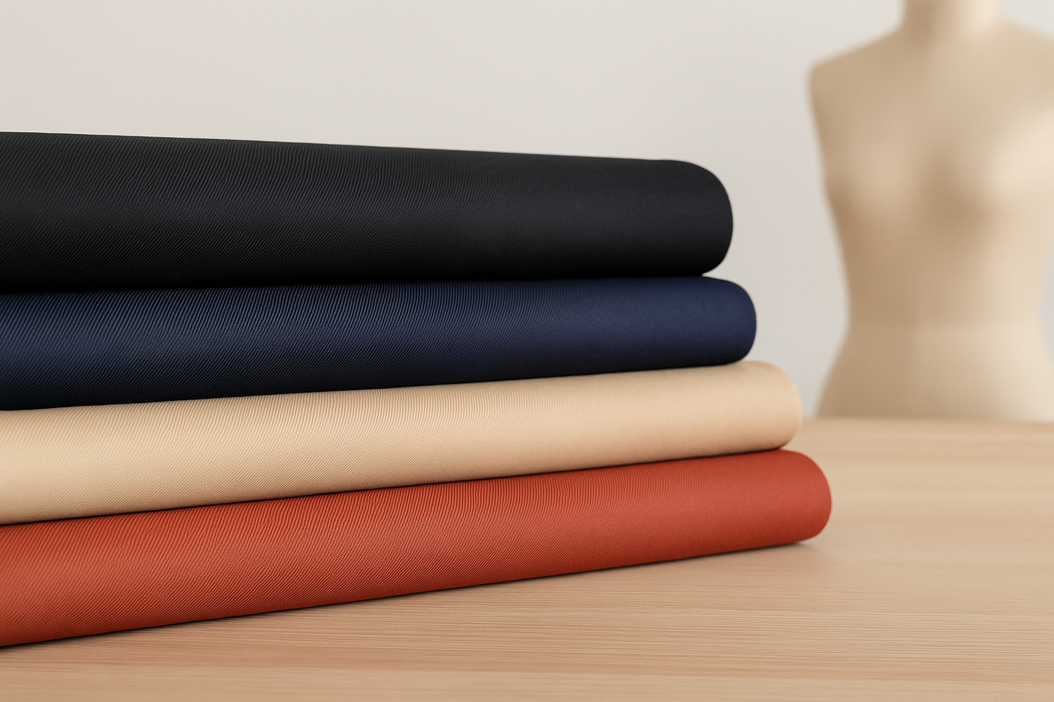 Telas de sarga y gabardina en colores lisos, ideales para confección de prendas resistentes y uniformes