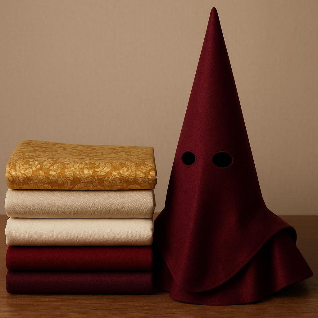 Capirote y golilla confeccionados con telas cofrades para Semana Santa