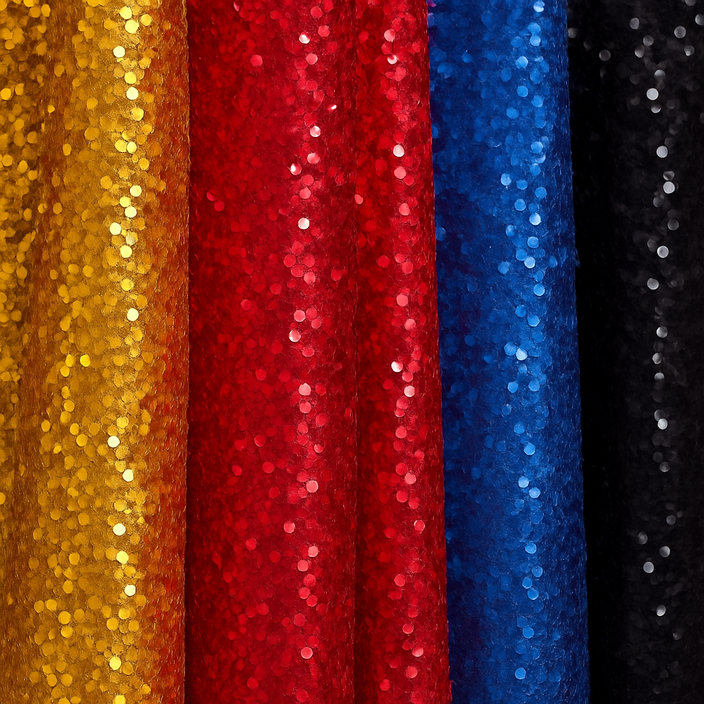 Telas con lentejuelas en varios colores, disponibles en dos anchos y versión elástica, ideales para disfraces llamativos y trajes de escenario