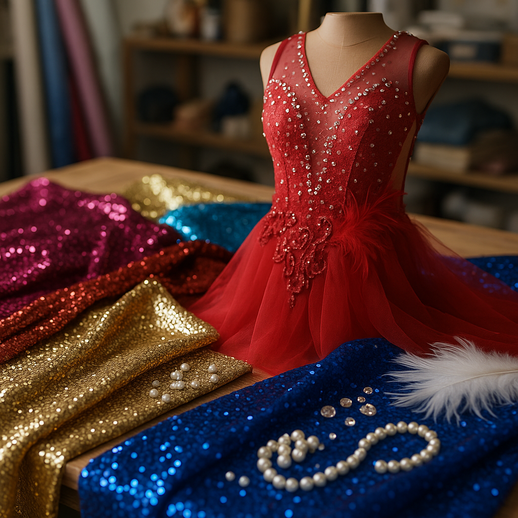 Telas brillantes y vestido de danza rojo en taller de confección para espectáculos y bailes.