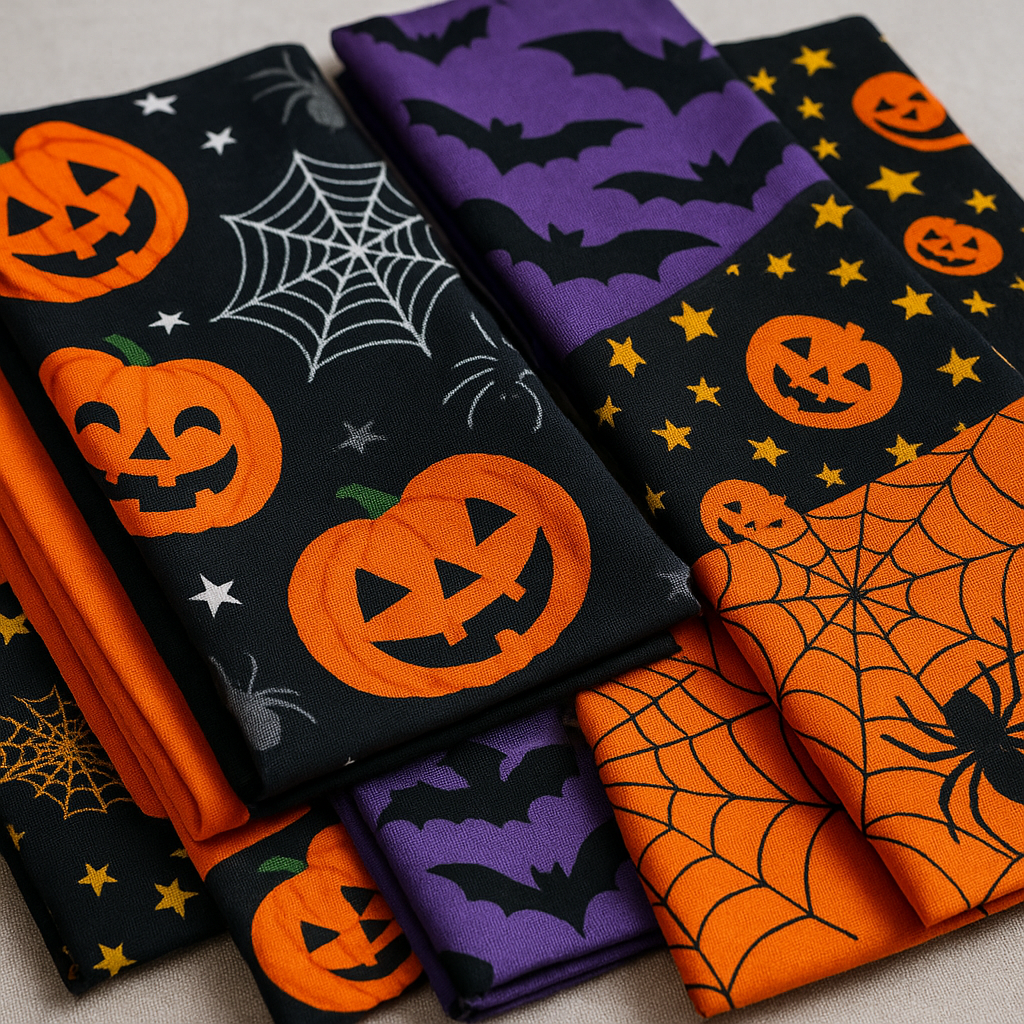 Estampados de telas para Halloween con calabazas, telarañas, murciélagos y colores oscuros