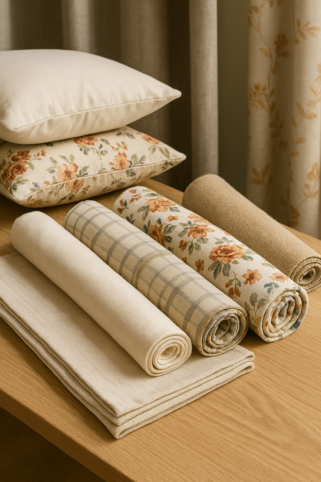 telas para el hogar, como lonetas, manteles, cortinas y cojines en tonos neutros y estampados florales.