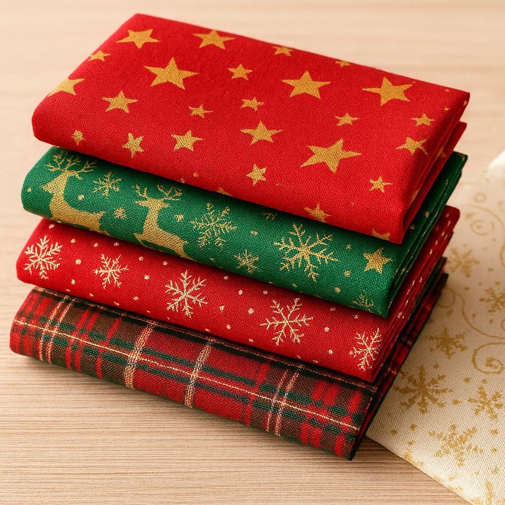 Telas navideñas con estampados de estrellas, renos y motivos festivos sobre fondo rojo, verde y dorado