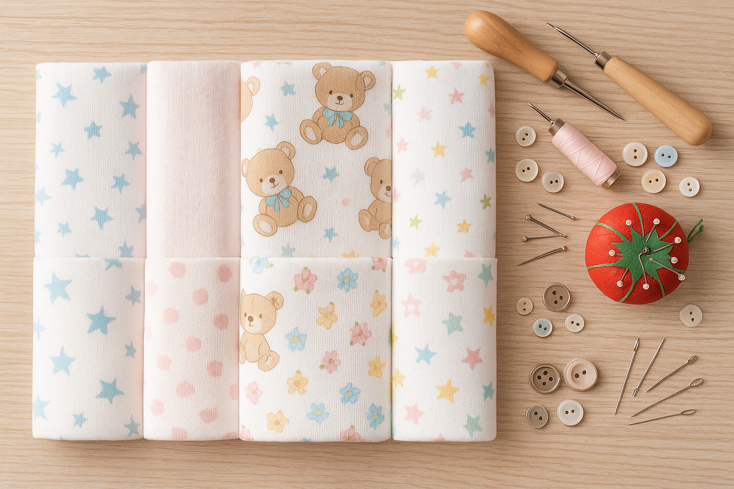 Telas piqué estampadas infantiles en tonos suaves, con diseños florales y de lunares, dobladas en una mesa de costura.