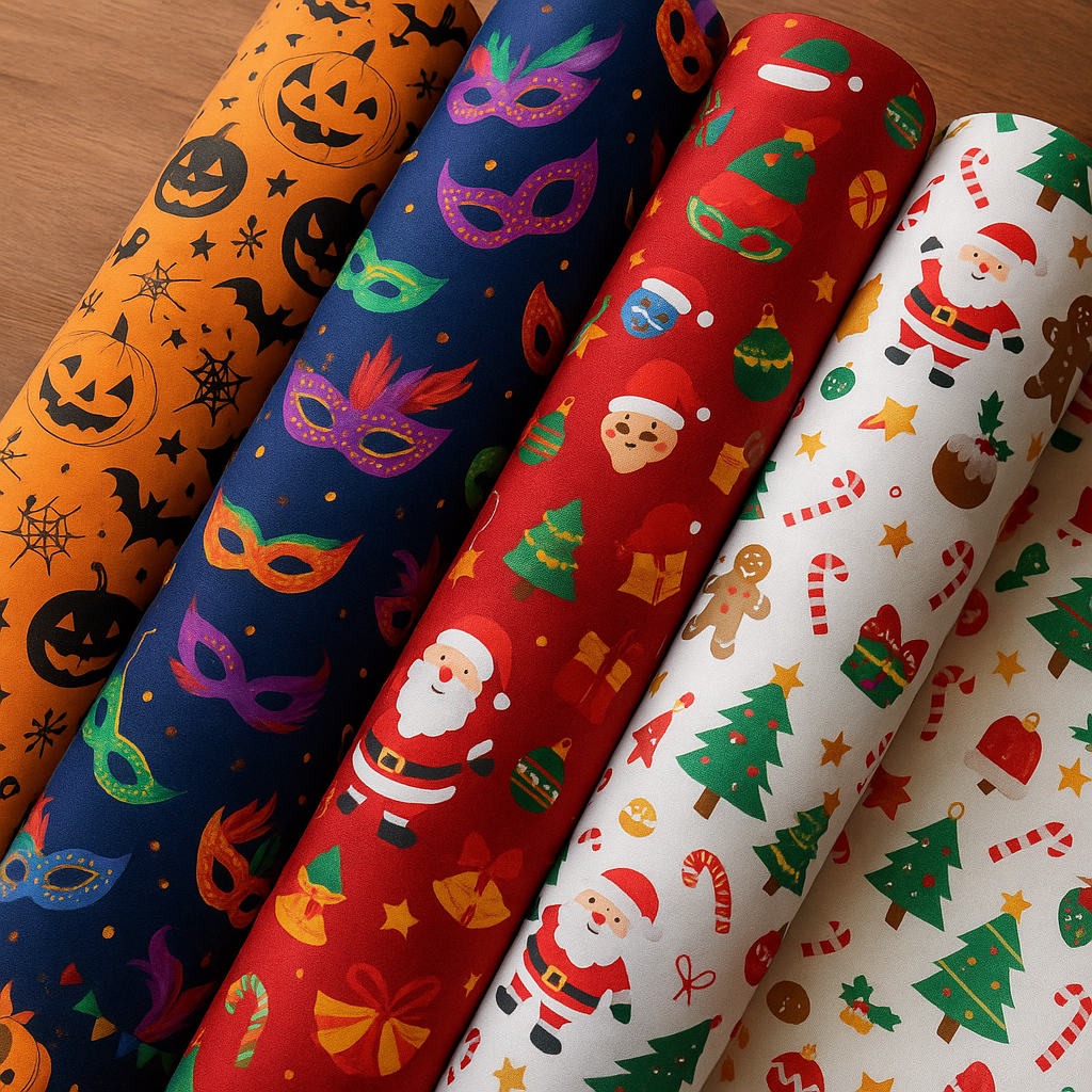 Variadas telas con estampados de fiestas temáticas como Halloween, Carnaval y Navidad, ideales para disfraces y decoraciones.