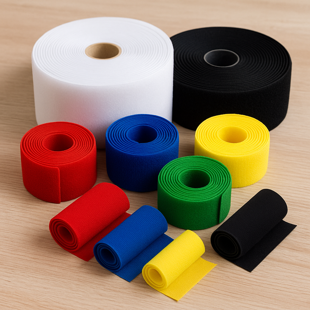 Velcro en rollos de distintos tamaños y colores, ideal para costura y manualidades creativas